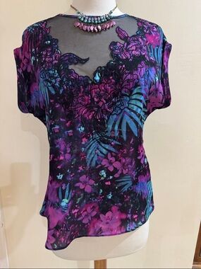 Guess Purple & Teal Floral Sheer Blouse with Lace Overlay